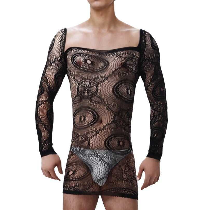 Image of Cross-border men’s mesh long sleeve tight short skirt nightclub male model GAY erotic underwear see-through jacquard